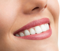 Macro close up of perfect female teeth isolated on white.